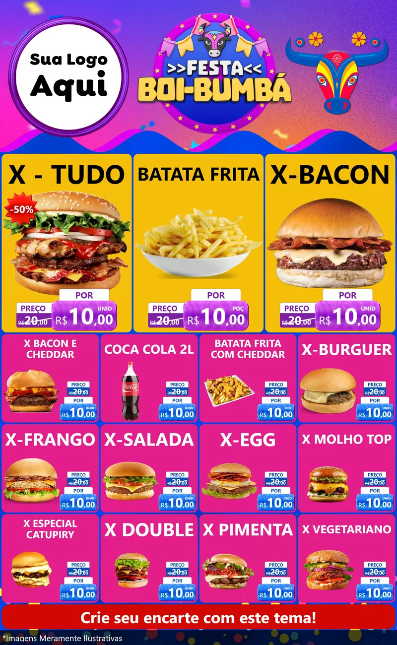Modelo de Encarte para Encarte Grande com o tema Festa Boi-Bumbá para Hamburgueria