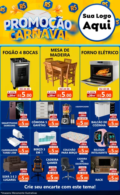 Modelo de Encarte para Encarte Grande com o tema Promoção de Carnaval para Móveis e Eletro