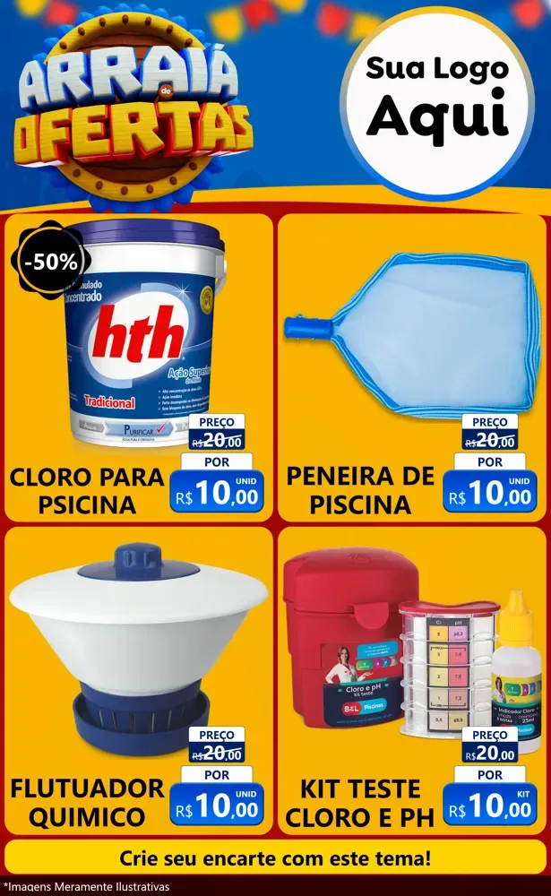 Modelo de Encarte para Encarte Grande com o tema Arraiá de Ofertas - Junina para Produtos para Piscina