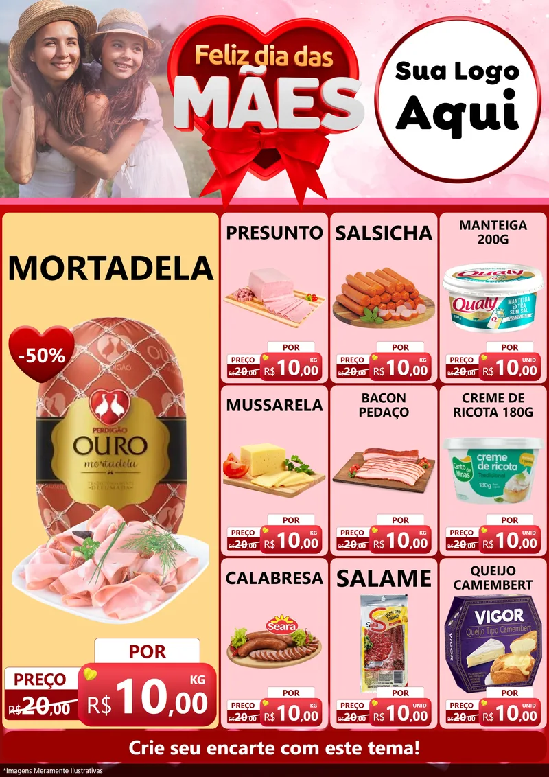 Modelo de Encarte para Encarte A4 Vertical com o tema Feliz Dia Das Mães para Frios e Laticínios