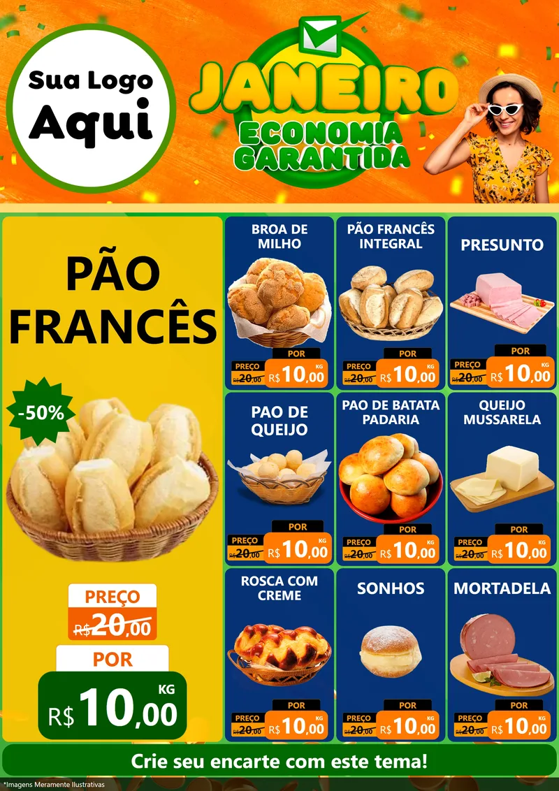 Modelo de Encarte para Encarte A4 Vertical com o tema Janeiro - Economia Garantida para Padaria