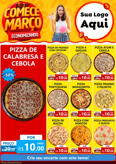 Modelo de Encarte para Encarte A4 Vertical com o tema Comece Março Economizando para Pizzaria