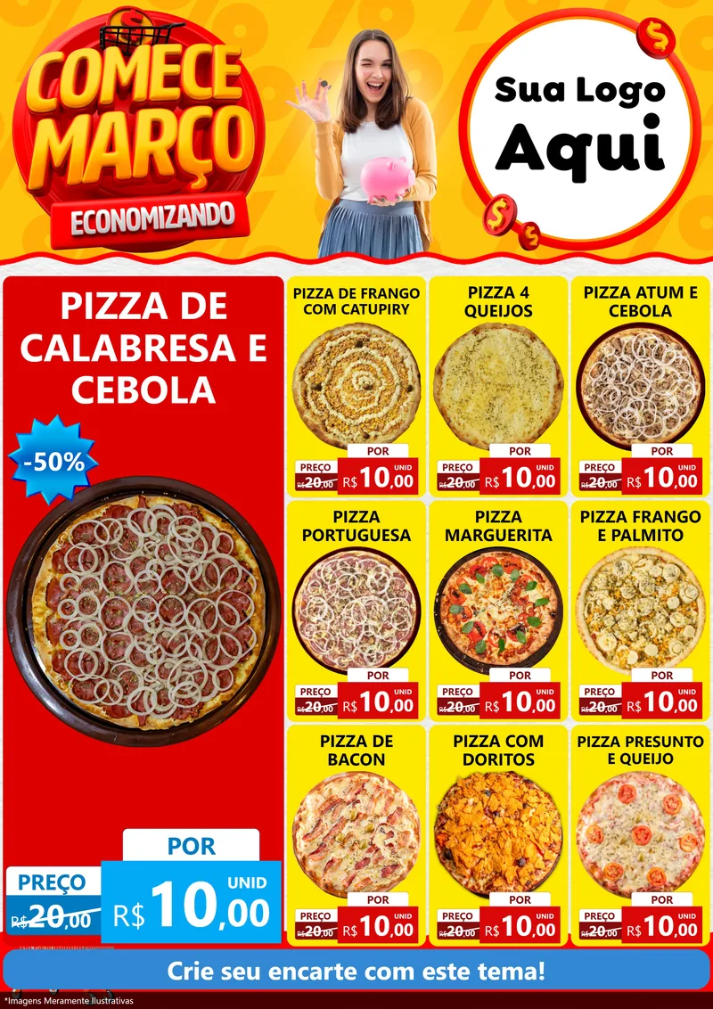 Modelo de Encarte para Encarte A4 Vertical com o tema Comece Março Economizando para Pizzaria