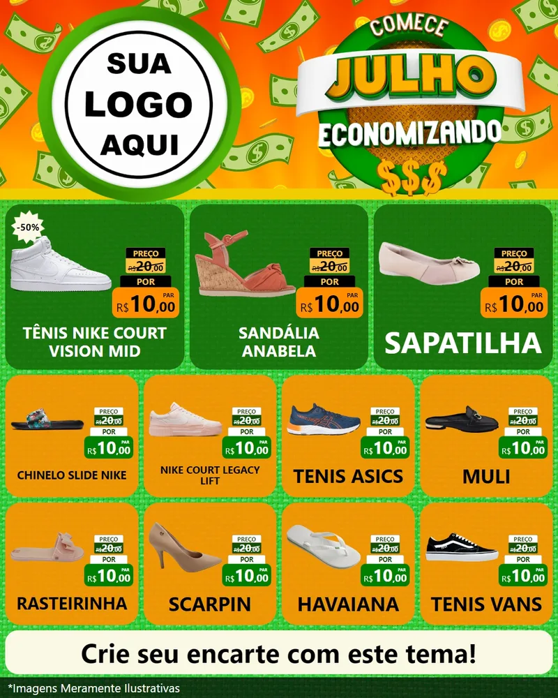 Modelo de Rede Social para Feed Instagram com o tema Comece Julho Economizando para Calçados
