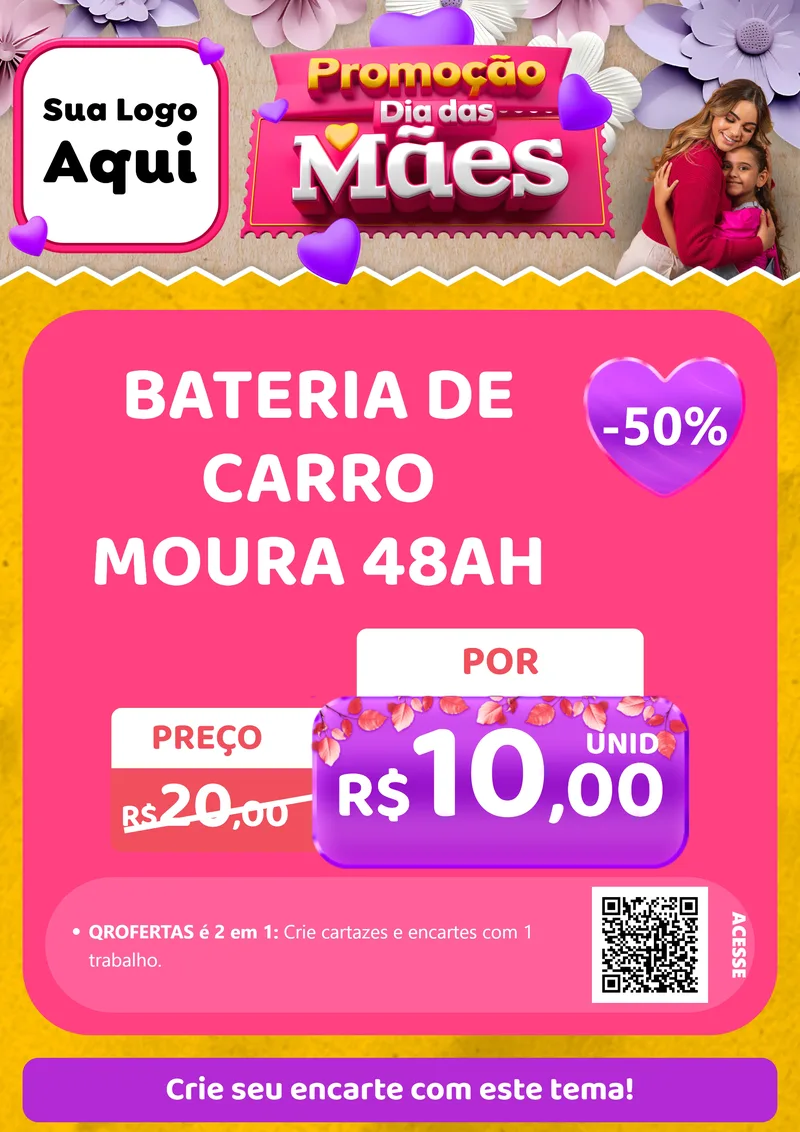 Modelo de Cartaz para Cartaz A4 Vertical com o tema Promoção Dia das Mães para Baterias Elétricas