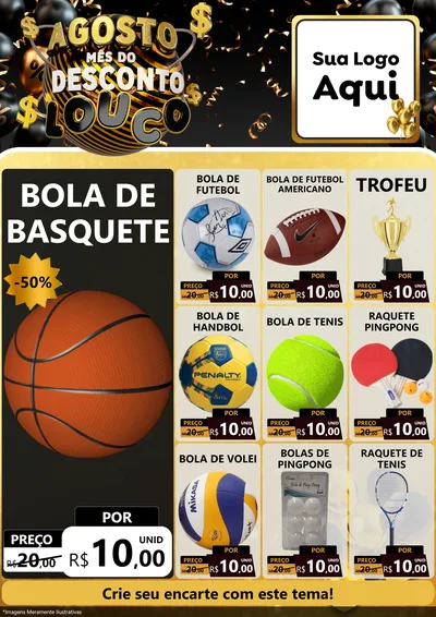 Modelo de Encarte para Encarte A4 Vertical com o tema Agosto Mês do Desconto Louco para Artigos Esportivos