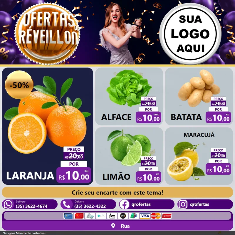 Modelo de Rede Social para Feed Facebook com o tema Ofertas de Réveillon para Hortifrúti