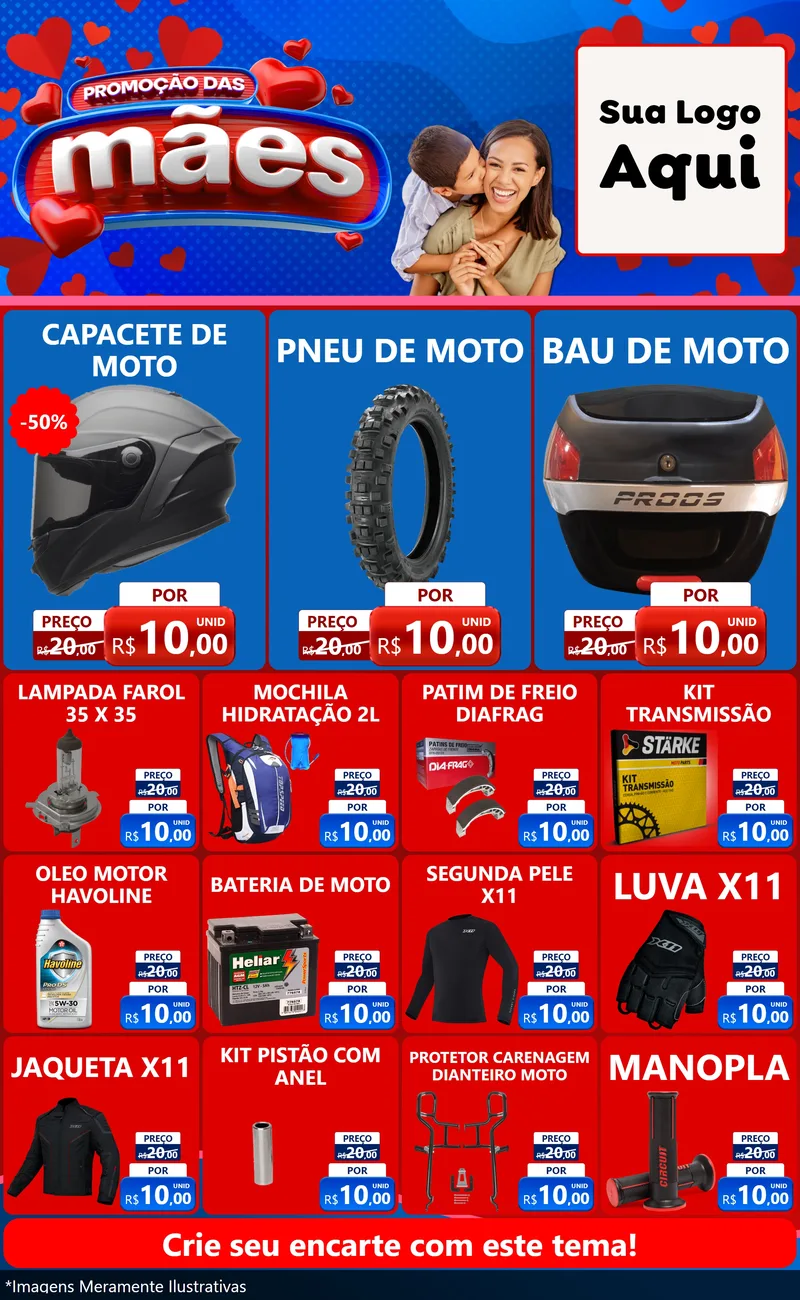 Modelo de Encarte para Encarte Grande com o tema Promoção das Mães para Moto peças