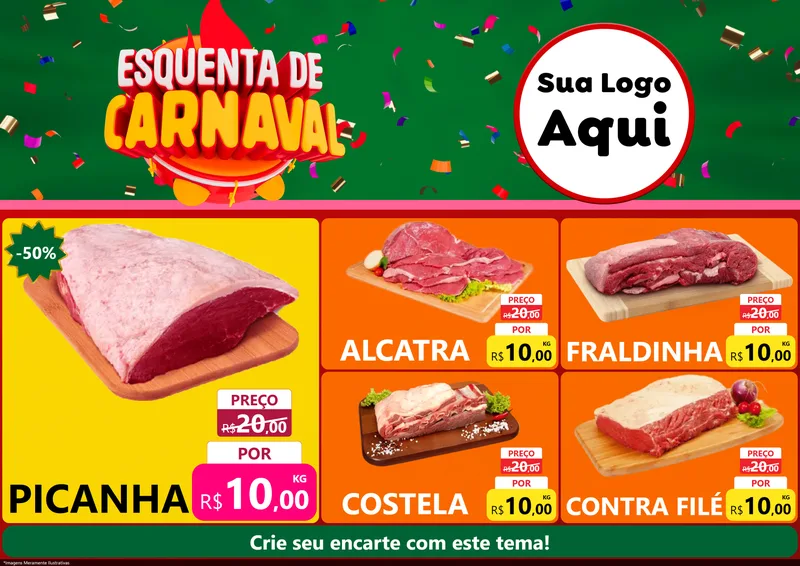 Modelo de Encarte para Encarte A4 Horizontal com o tema Esquenta de Carnaval para Açougue