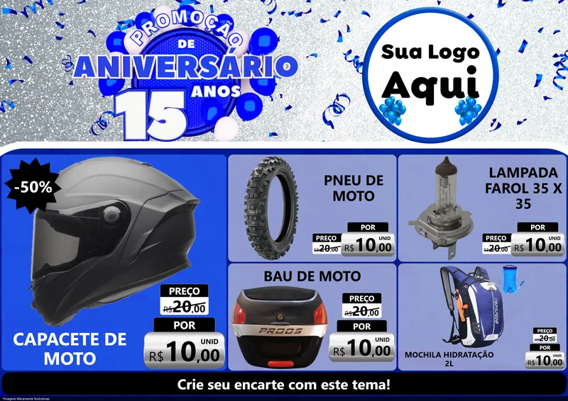 Modelo de Encarte para Encarte A4 Horizontal com o tema Promoção de Aniversário - 15 Anos para Moto peças