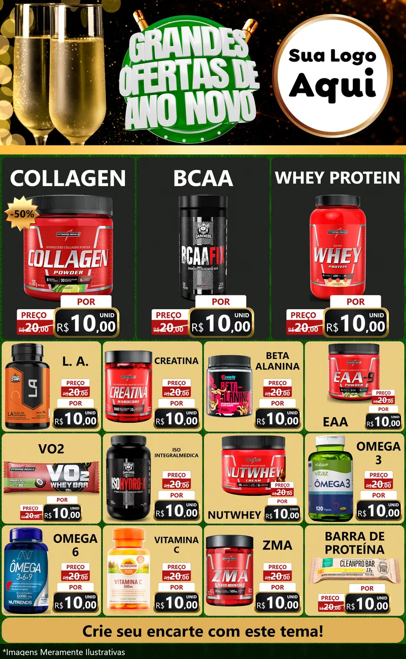 Modelo de Encarte para Encarte Grande com o tema Grandes Ofertas de Ano Novo para Suplementos alimentares