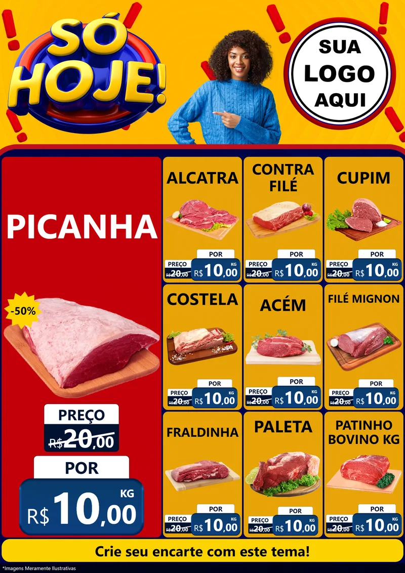 Modelo de Encarte para Encarte A4 Vertical com o tema Só Hoje! para Açougue