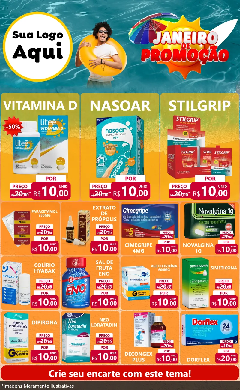 Modelo de Encarte para Encarte Grande com o tema Janeiro de Promoção para Farmácia