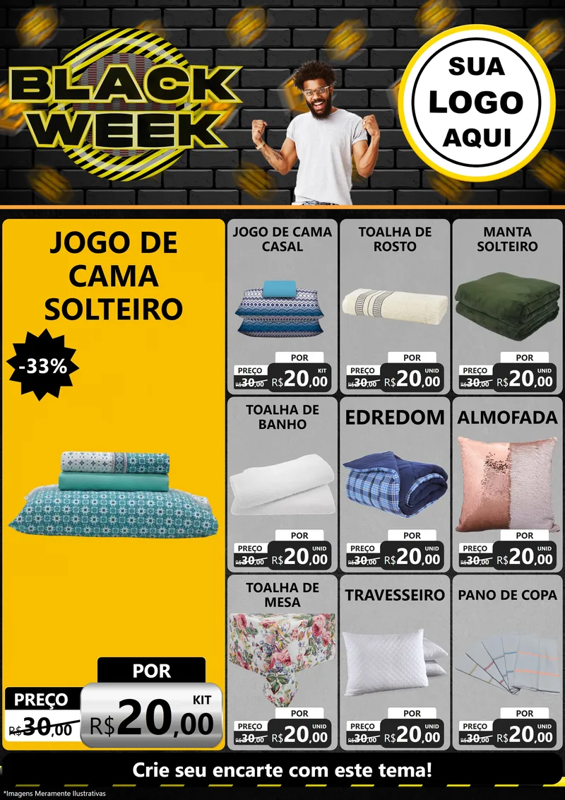 Modelo de Encarte para Encarte A4 Vertical com o tema Black Week para Cama, Mesa e Banho