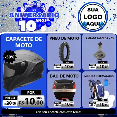 Modelo de Rede Social para Feed Facebook com o tema Promoção de Aniversário - 10 Anos para Moto peças