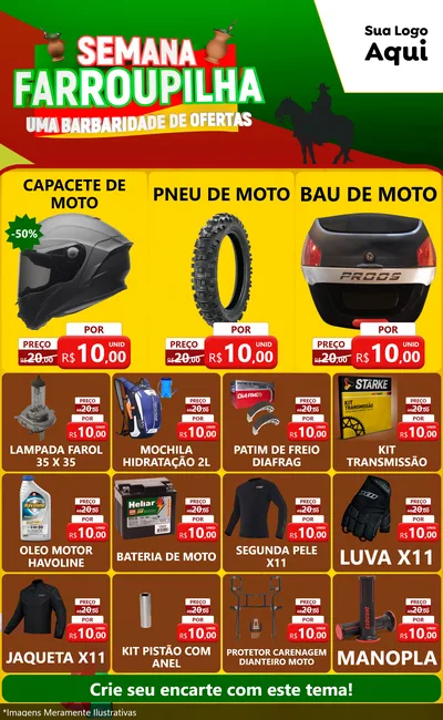 Modelo de Encarte para Encarte Grande com o tema Semana Farroupilha - Uma Barbaridade de Ofertas para Moto peças