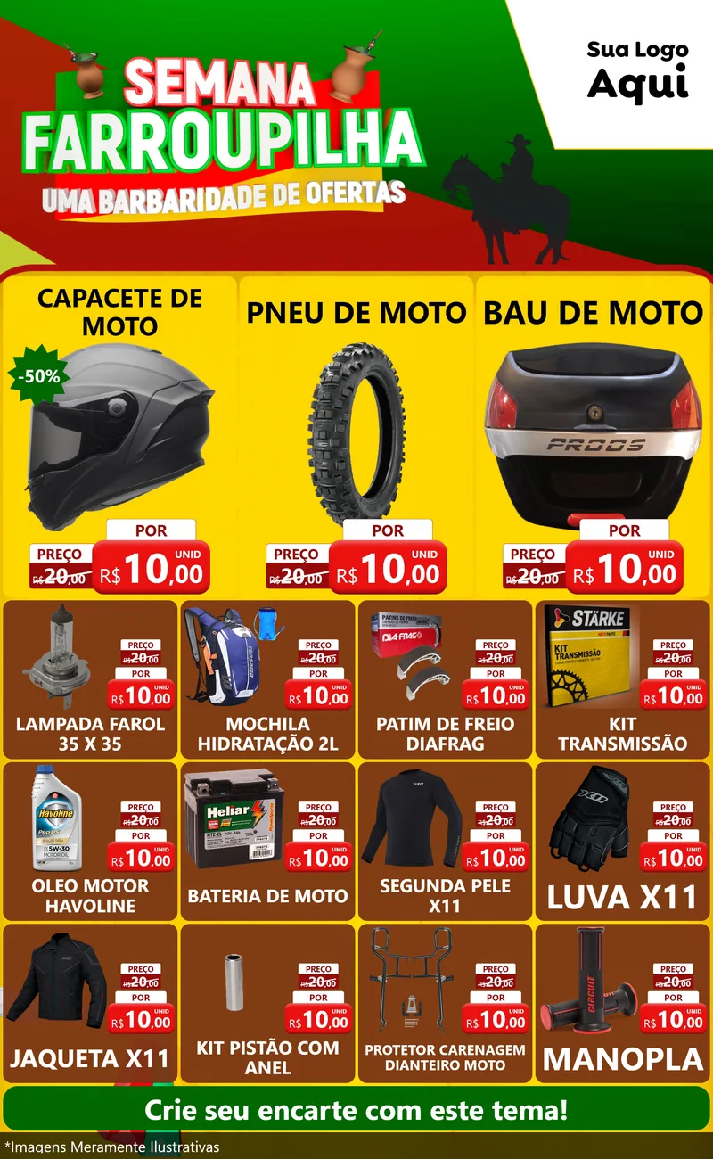 Modelo de Encarte para Encarte Grande com o tema Semana Farroupilha - Uma Barbaridade de Ofertas para Moto peças