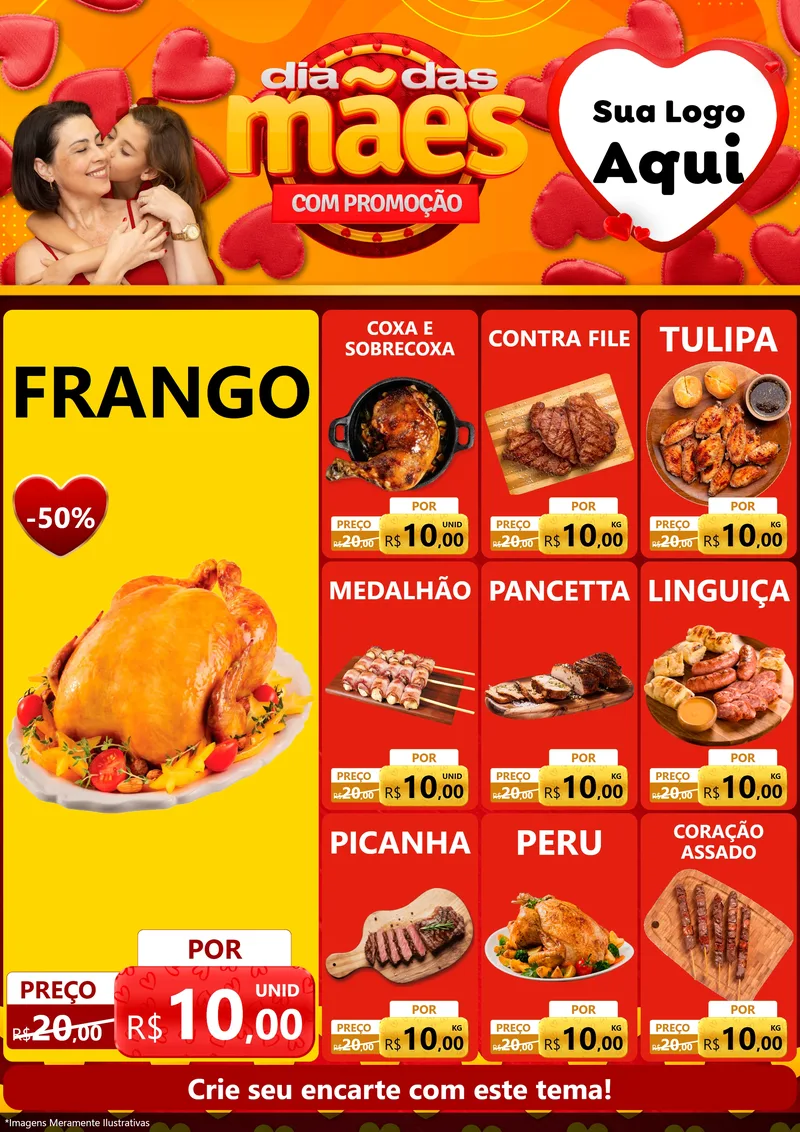Modelo de Encarte para Encarte A4 Vertical com o tema Dia das Mães com Promoção para Assados