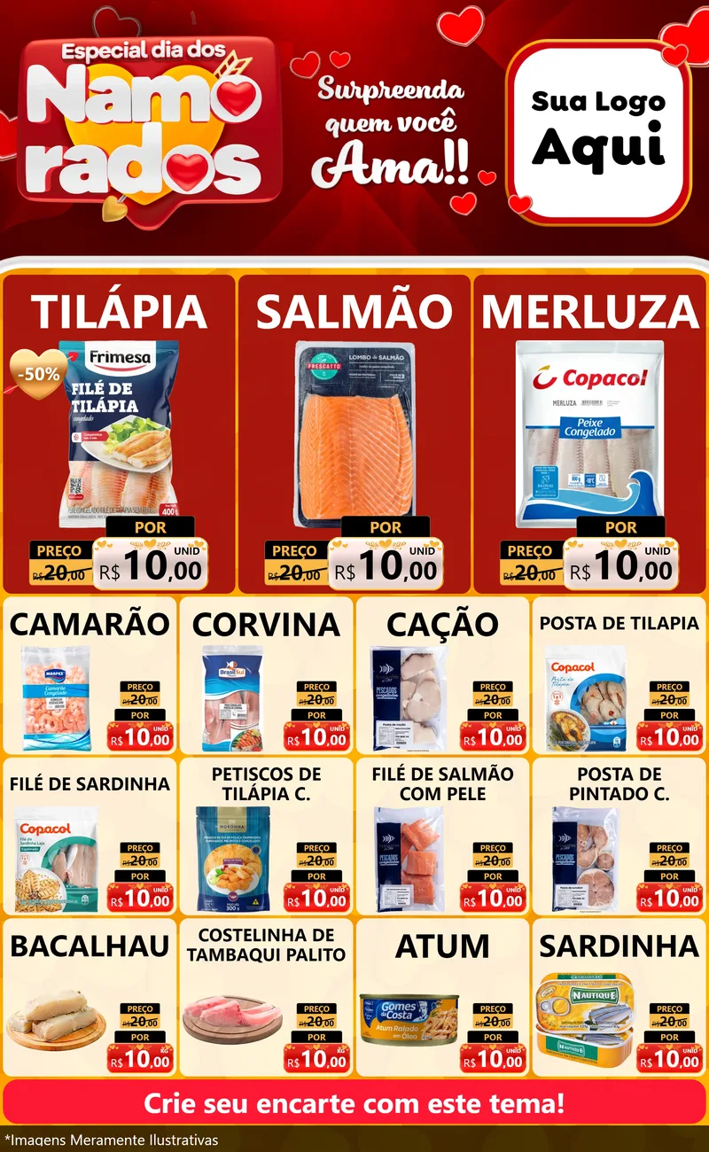 Modelo de Encarte para Encarte Grande com o tema Especial Dia dos Namorados para Peixaria