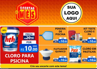 Modelo de Encarte para Encarte A4 Horizontal com o tema Ofertas do Mês para Produtos para Piscina