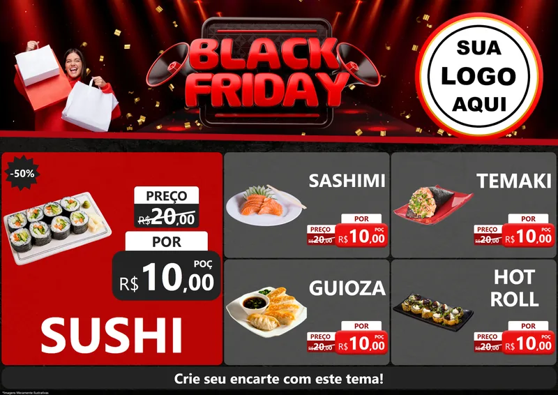 Modelo de Encarte para Encarte A4 Horizontal com o tema Black Friday para Comida japonesa