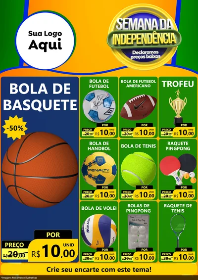 Modelo de Encarte para Encarte A4 Vertical com o tema Semana da Independência Declaramos Preços Baixos para Artigos Esportivos