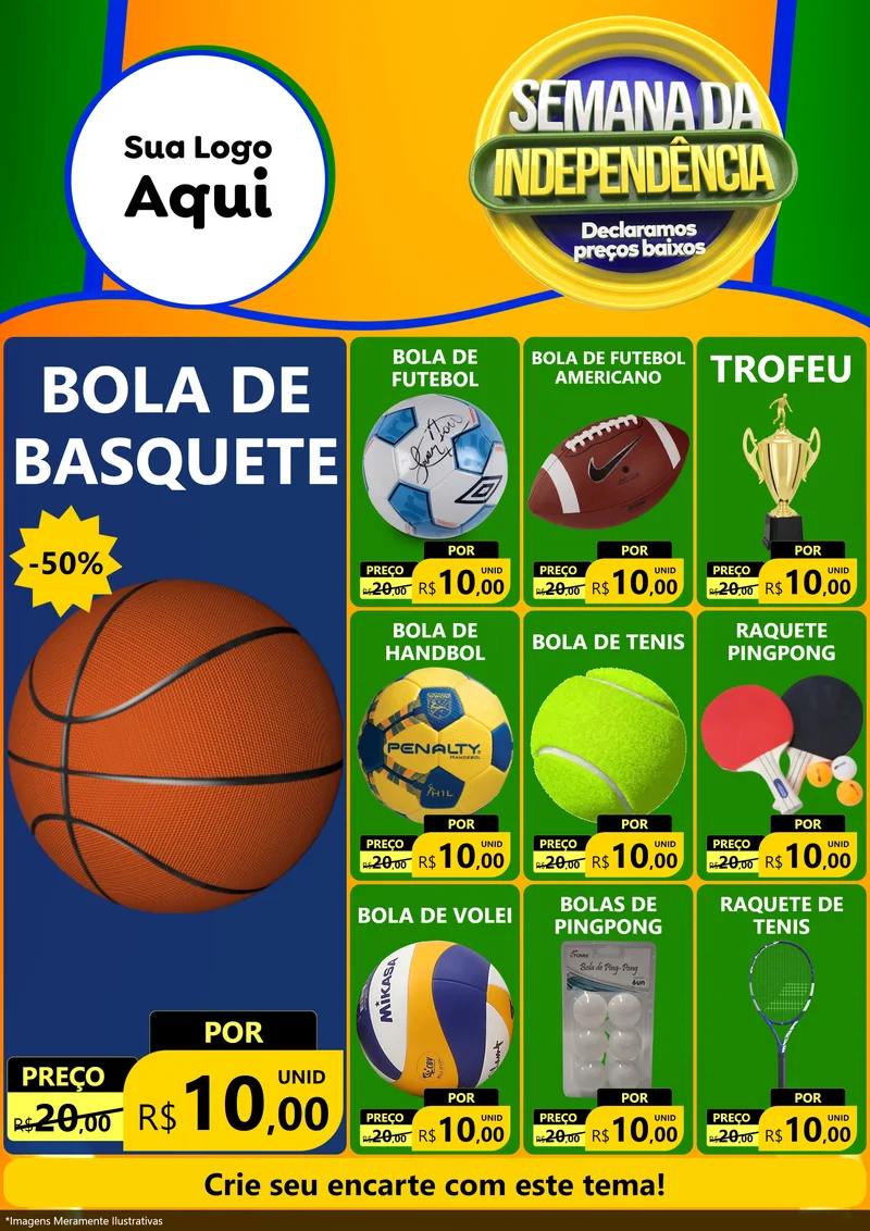 Modelo de Encarte para Encarte A4 Vertical com o tema Semana da Independência Declaramos Preços Baixos para Artigos Esportivos