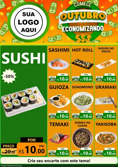 Modelo de Encarte para Encarte A4 Vertical com o tema Comece Outubro Economizando para Comida japonesa