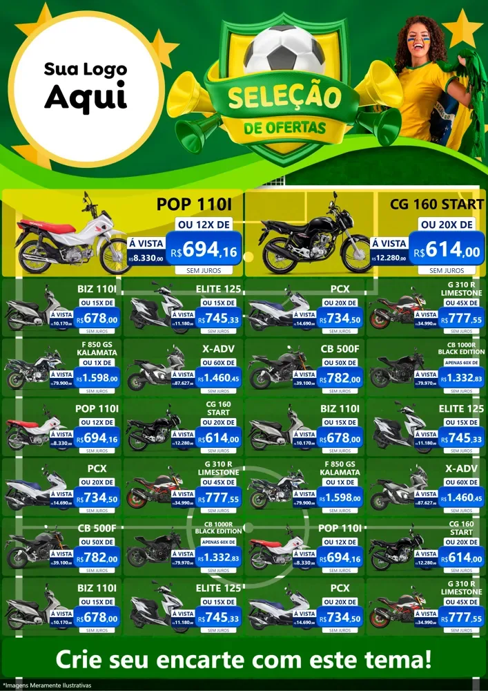 Modelo de Encarte para Encarte A4 Vertical com o tema Seleção de Ofertas - Copa para Concessionaria de Motos