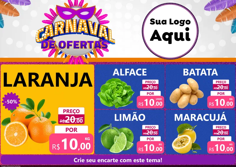 Modelo de Encarte para Encarte A4 Horizontal com o tema Carnaval de Ofertas para Hortifrúti