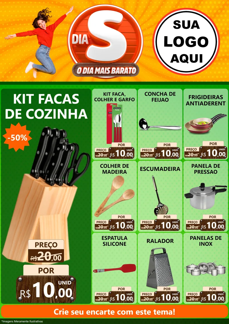 Modelo de Encarte para Encarte A4 Vertical com o tema Dia S - O Dia Mais Barato para Utilidades Domésticas