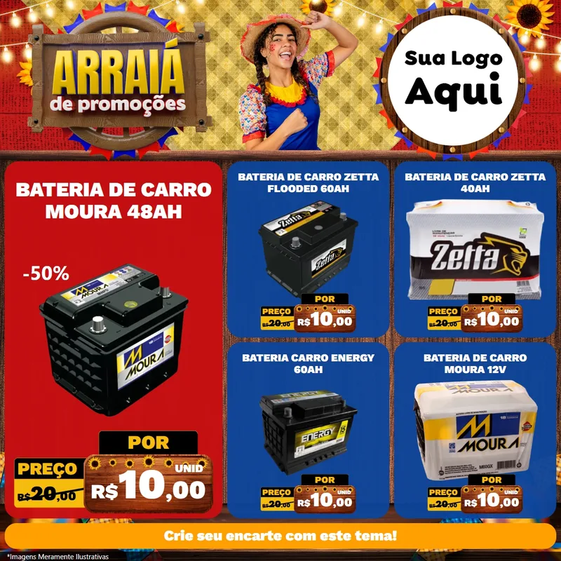 Modelo de Rede Social para Feed Facebook com o tema Arraiá de Promoções para Baterias Elétricas