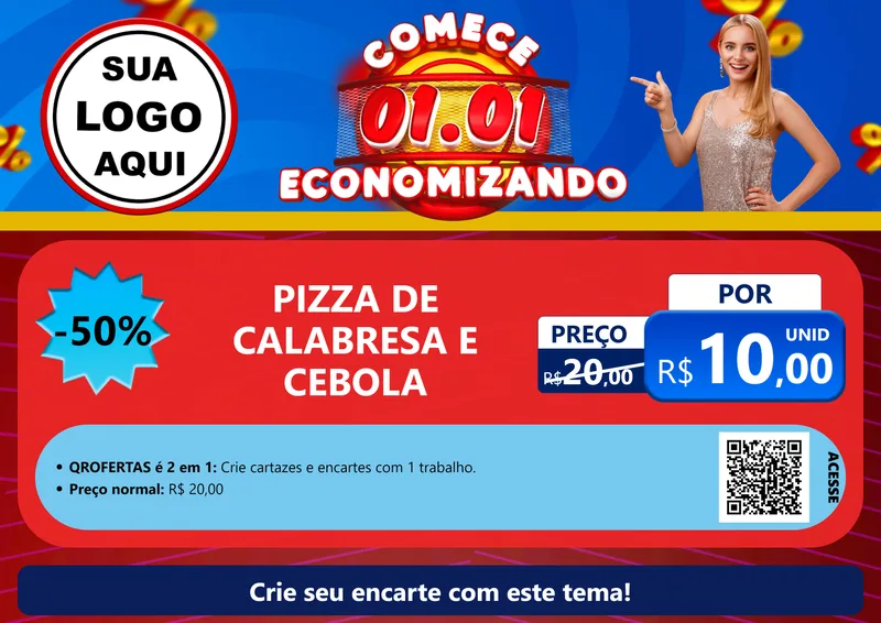 Modelo de Cartaz para Cartaz A4 Horizontal com o tema Comece 1º de Janeiro Economizando para Pizzaria