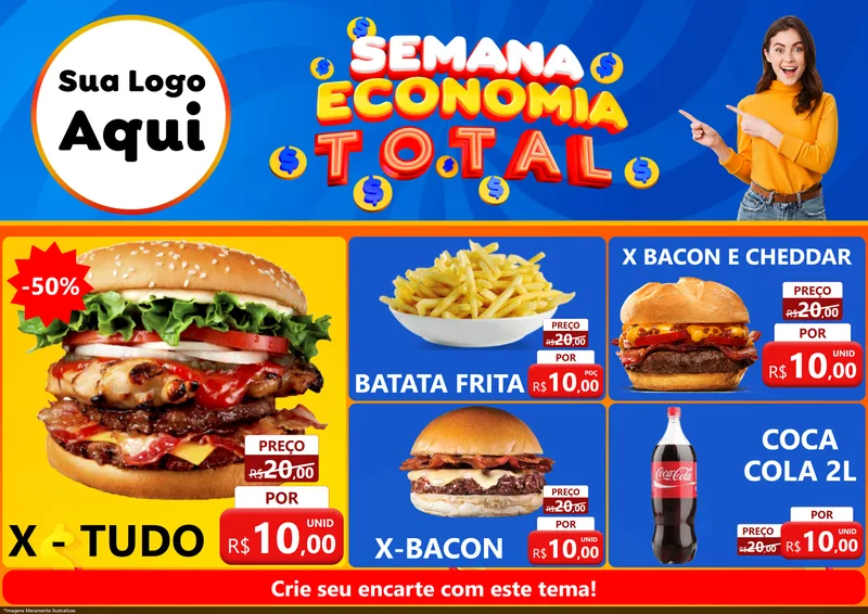 Modelo de Encarte para Encarte A4 Horizontal com o tema Semana Economia Total para Hamburgueria