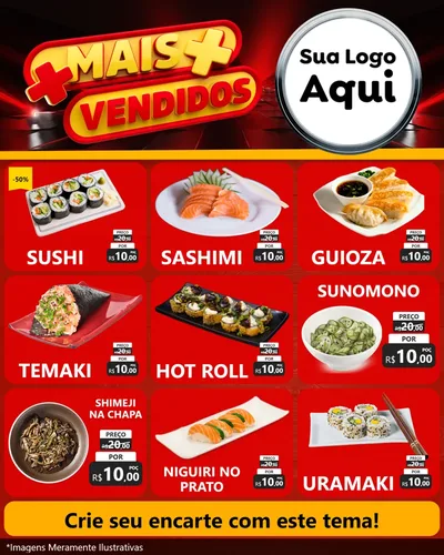 Modelo de Rede Social para Feed Instagram com o tema Mais Vendidos para Comida japonesa