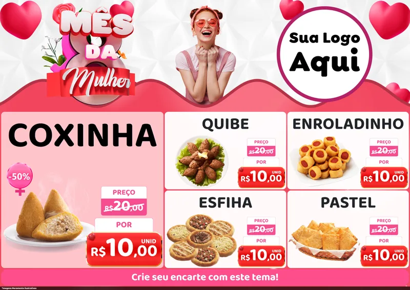 Modelo de Encarte para Encarte A4 Horizontal com o tema Mês da Mulher para Salgadaria