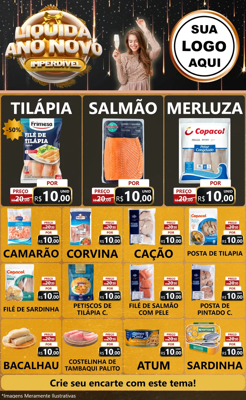Modelo de Encarte para Encarte Grande com o tema Liquida Ano Novo Imperdível para Peixaria