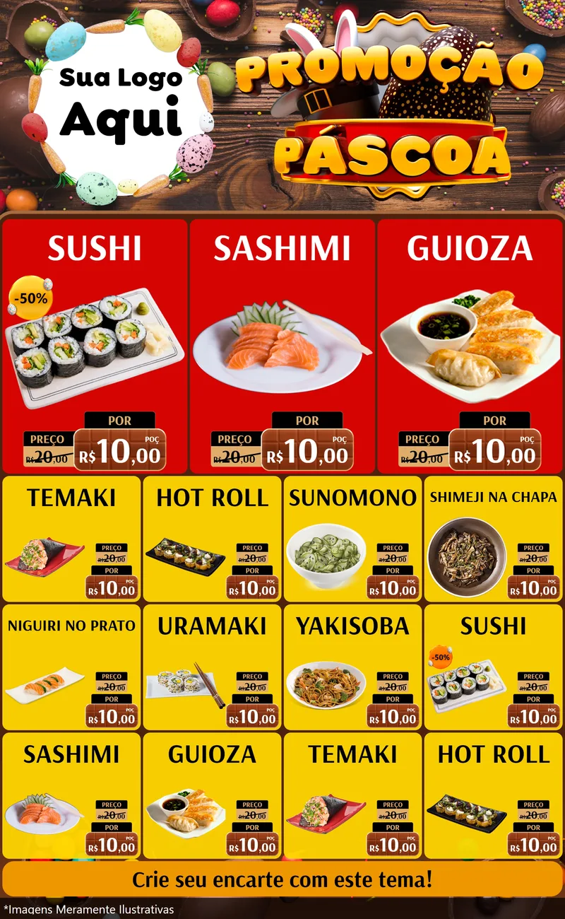 Modelo de Encarte para Encarte Grande com o tema Promoção Páscoa para Comida japonesa