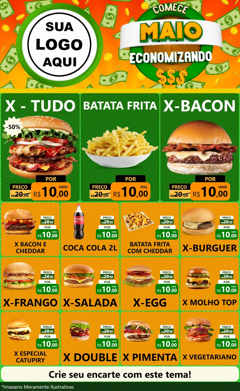 Modelo de Encarte para Encarte Grande com o tema Comece Maio Economizando para Hamburgueria