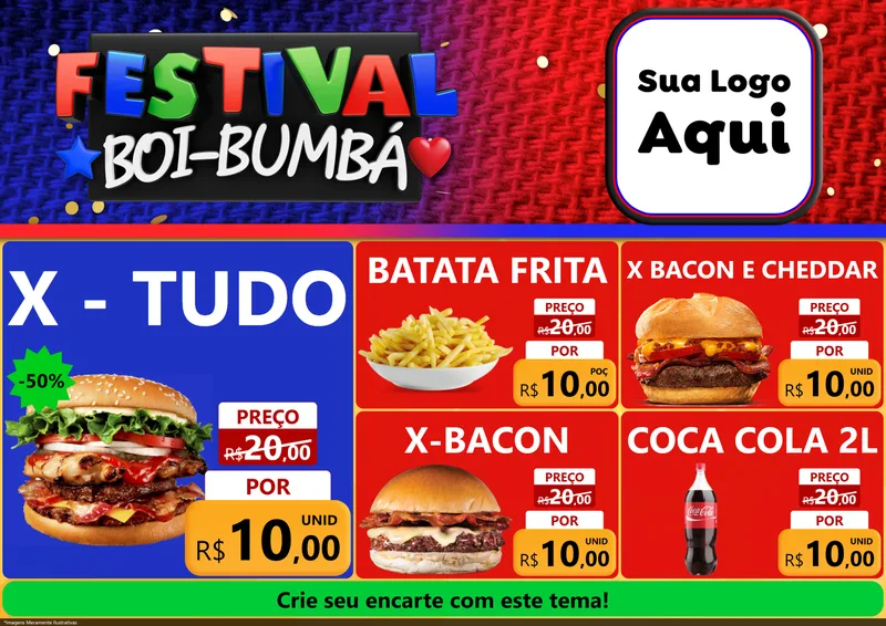 Modelo de Encarte para Encarte A4 Horizontal com o tema Festival Boi-Bumbá para Hamburgueria