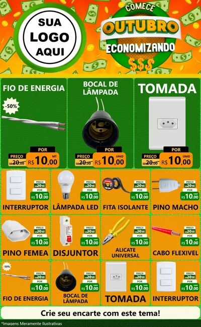 Modelo de Encarte para Encarte Grande com o tema Comece Outubro Economizando para Materiais Elétricos