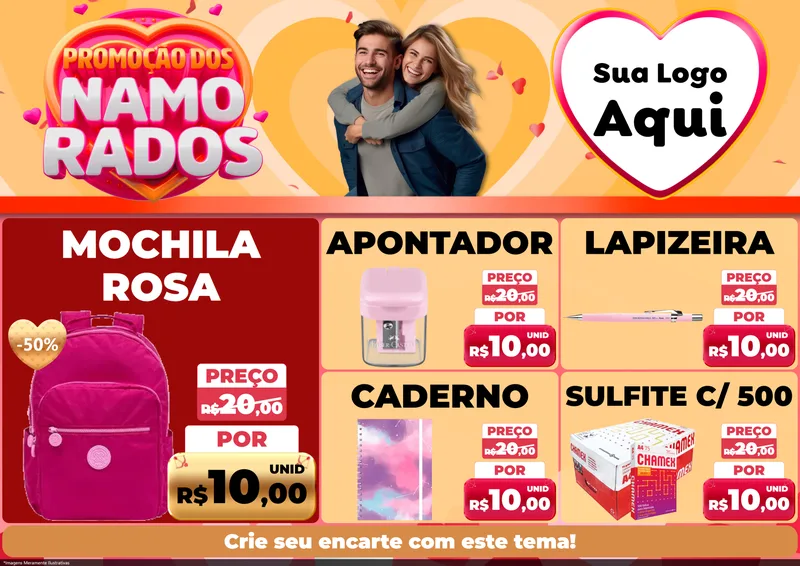 Modelo de Encarte para Encarte A4 Horizontal com o tema Promoção dos Namorados para Papelaria
