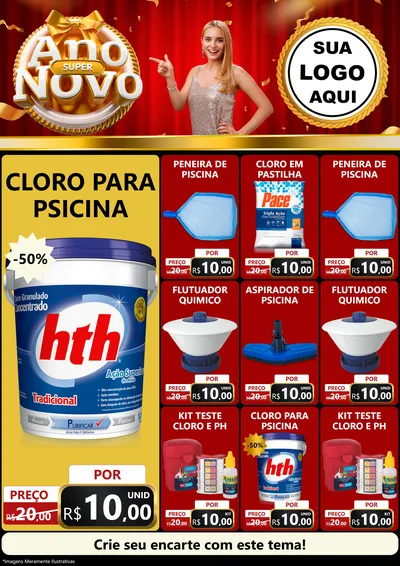 Modelo de Encarte para Encarte A4 Vertical com o tema Super Ano Novo para Produtos para Piscina