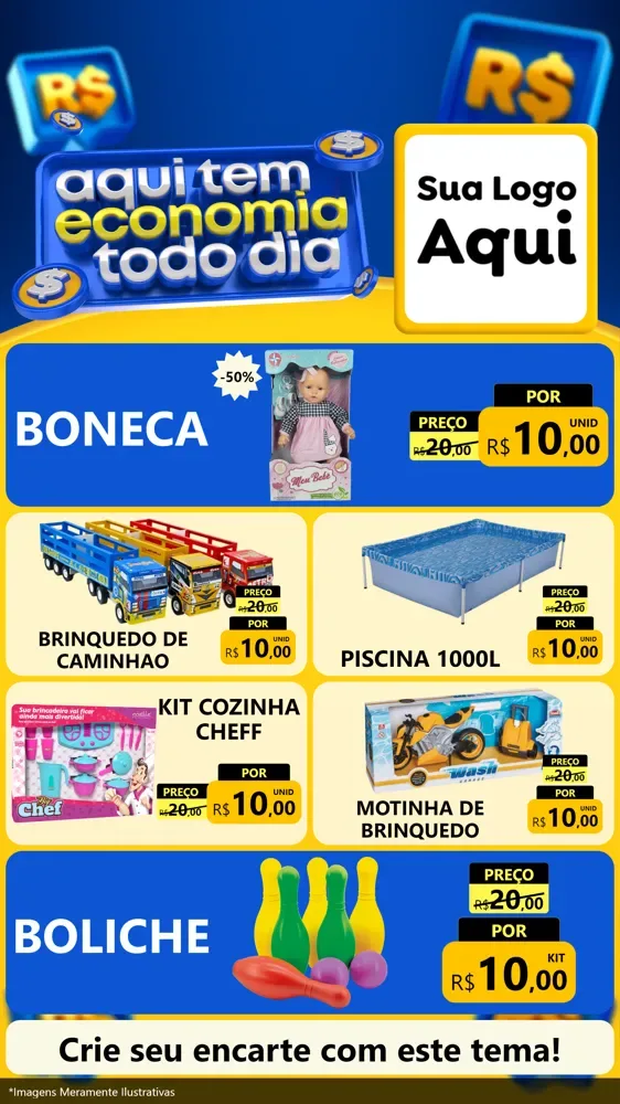 Modelo de TV para TV Vertical com o tema Aqui Tem Economia Todo Dia para Brinquedos