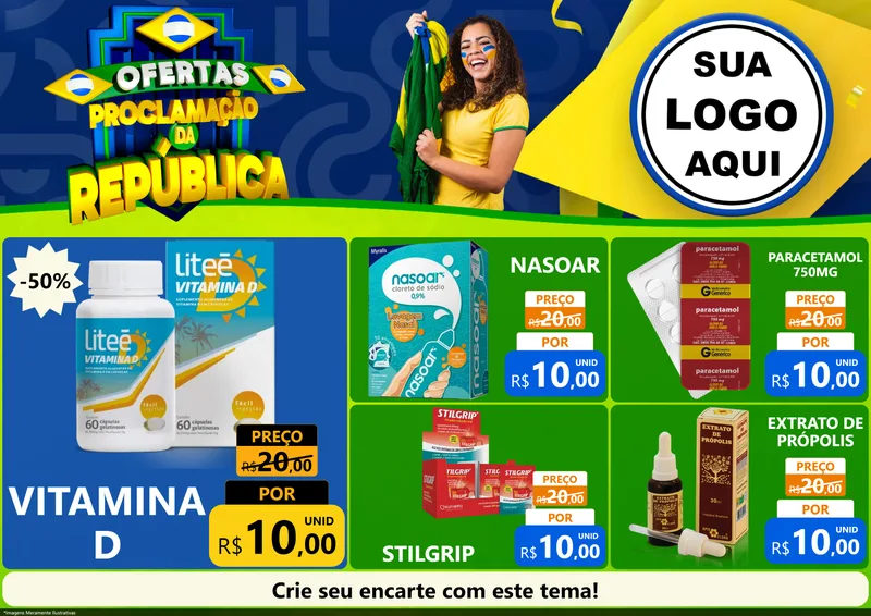 Modelo de Encarte para Encarte A4 Horizontal com o tema Ofertas Proclamação da República para Farmácia