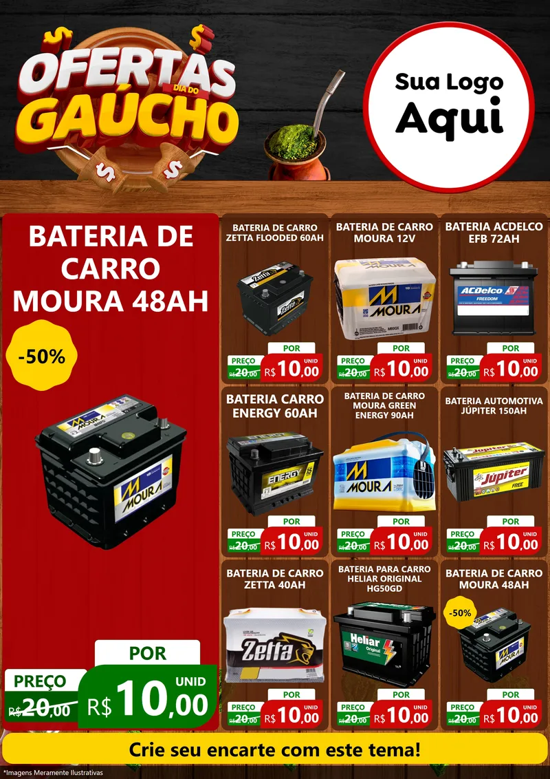 Modelo de Encarte para Encarte A4 Vertical com o tema Ofertas Dia do Gaúcho para Baterias Elétricas