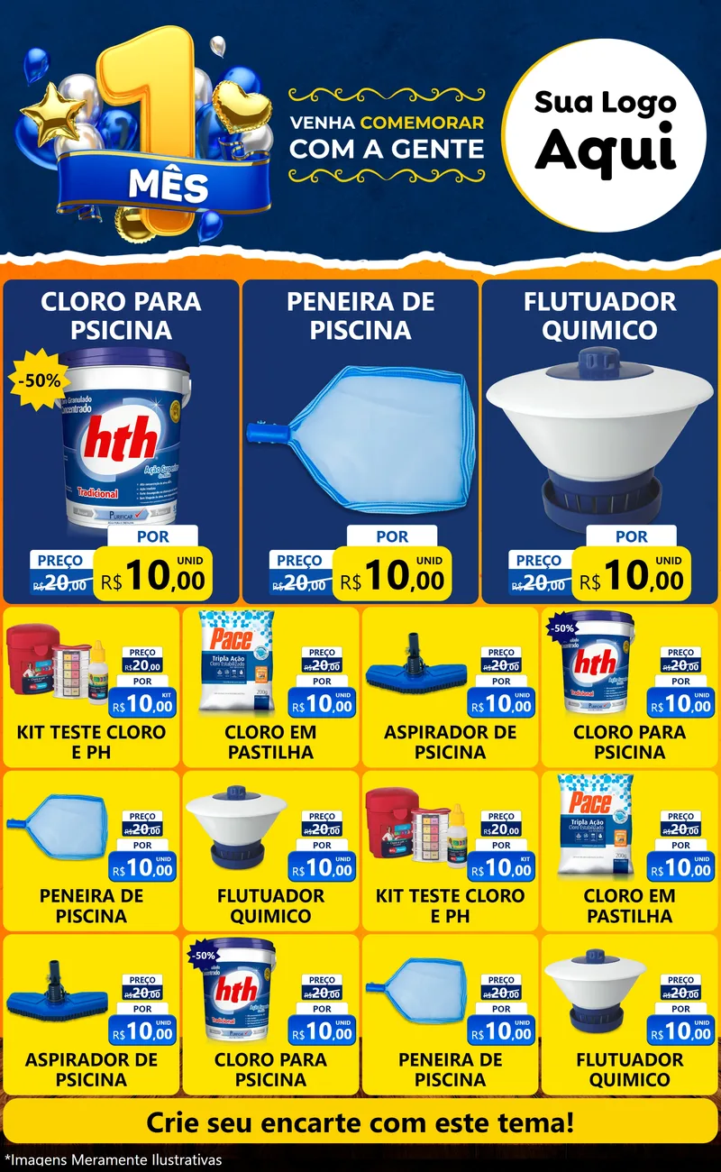 Modelo de Encarte para Encarte Grande com o tema Um Mês de Aniversário para Produtos para Piscina