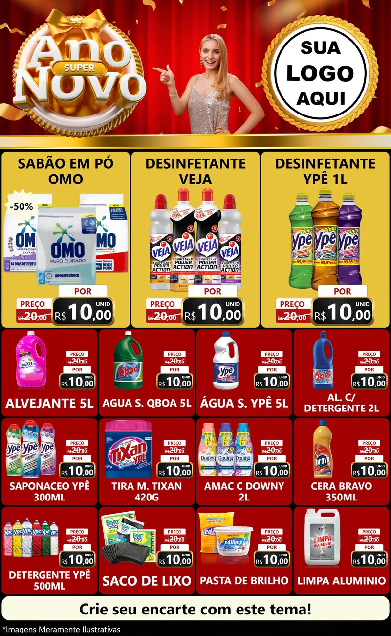 Modelo de Encarte para Encarte Grande com o tema Super Ano Novo para Produtos de Limpeza