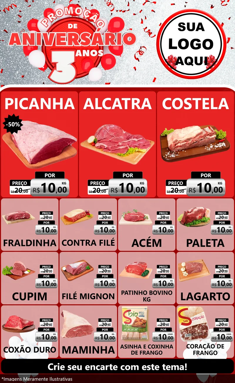 Modelo de Encarte para Encarte Grande com o tema Promoção de Aniversário - 3 Anos para Açougue