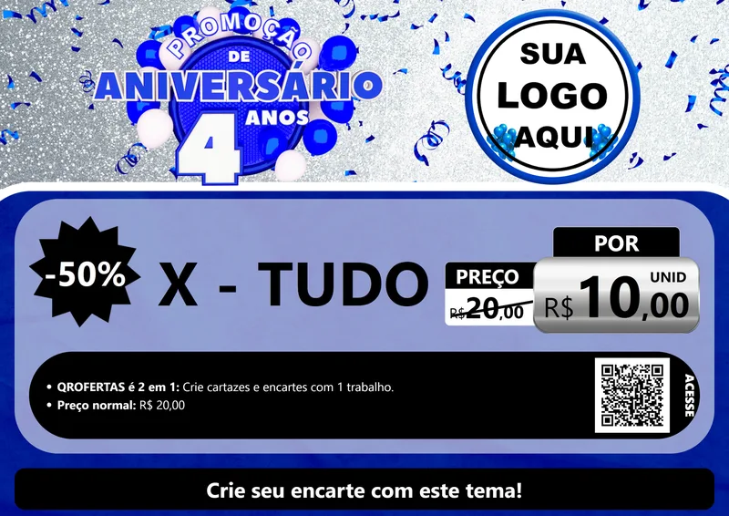 Modelo de Cartaz para Cartaz A4 Horizontal com o tema Promoção de Aniversário - 4 Anos para Hamburgueria